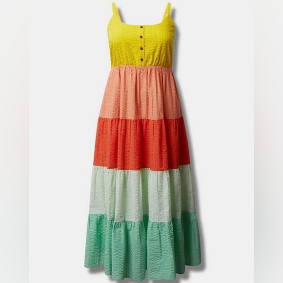 Torrid Yellow Orange Green Seersucker Colorblock Tiered Maxi Dress w poc… - Picture 4 of 5